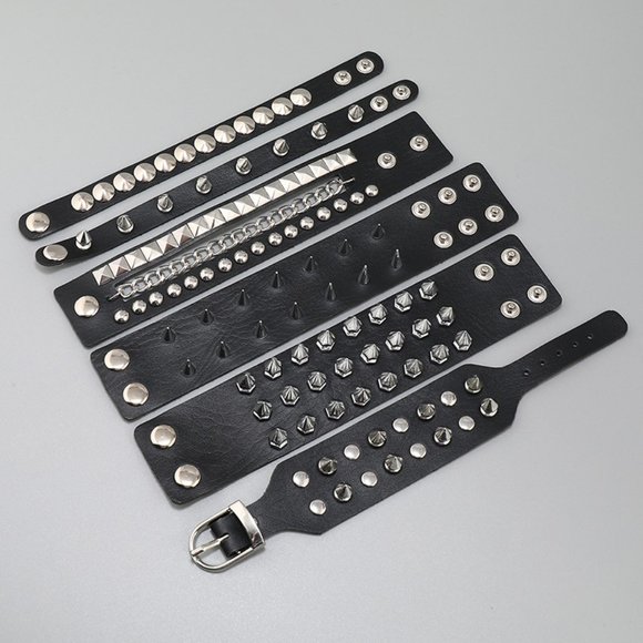 Punk Geometric Leather Plating Rivet Unisex Bangle [6 Pc. Set] - Picture 2 of 5